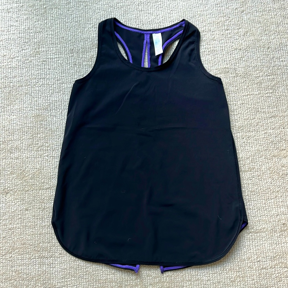 Girls black Ivivva tank top (purple threading). Size 10.